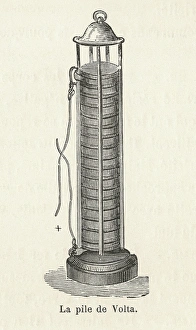Drucke von Voltas Batterie Historische Illustration der Batterie oder Pile von Alessandro Volta (1745-1827), die 1800 erfunden wurde und als erste batterienbetriebene Stromquelle fähig war Bilder Datiert 2004 September: Volkswagen Batterie