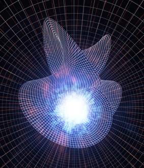 Drucke von Warpedes Raumzeit. Konzeptuelles Computerbildwerk mit gebogenen Gridlinien um einen astronomischen Objekt, das den Warpedes Raumzeit darstellt Bilder Datiert 2002 Mai: Verformtes Raum-Zeit