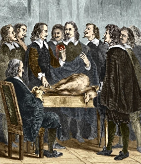Drucke von William Harvey (1578-1657), englischer Arzt, dissectiert ein Tier während einer Vorlesung über die Durchblutungsgefäße Bilder Datiert 2009 Januar: William Harvey über das Kreislaufsystem