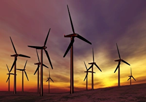 Sustainable Energy Solutions Drucke: Wind turbines at sunset, artwork