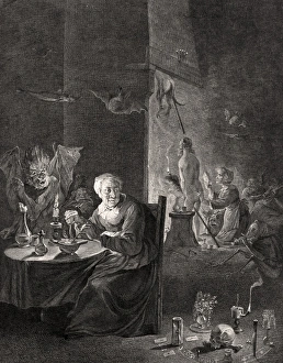 Drucke von Witchcraft. 18. Jahrhundertwerk, das eine Hexe mit Pfefferminz mischt unter Kerzenlicht links unten und Hexen auf Bäumen in der Hintergrund reißen Bilder Datiert 2012 Juni: Hexenwerk, 18.Jhrt