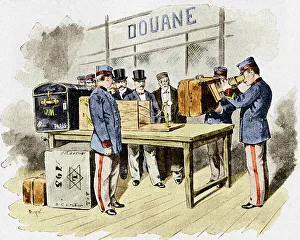 Drucke von Röntgen-Sicherheitsmaschine. Historisches Kunstwerk eines Fluoroskops im späten 19. Jahrhundert in einem französischen Zollamtssaal verwendet zu werden Bilder Datiert 2006 Dezember: Röntgenüberprüfungsgerät, 1900
