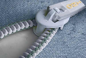 Drucke von Zip, farbiges Skanningelektronenmikroskopbild der Zähne und des Slider eines Zipps. Größenzuordnung: x2,5 bei einer Größe von 6x7 cm Bilder Datiert 2004 November: Zip, Seminare
