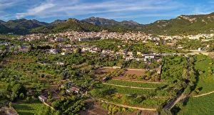 Spanish Countryside Views Drucke: Aerial view of fruit tree fields and Andratx in the background