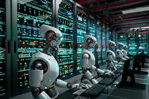 Bild von künstlicher Intelligenz eines Gruppen humanoider Roboter, die an Computern im Datenzentrum arbeiten
