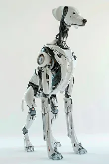 Bild eines künstlichen Intelligenz generierten Hundes-Robots vor einem weißen Hintergrund