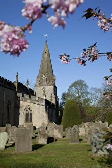 Christianity In Europe Drucke: Baslow Parish Church and spring cherry blossom