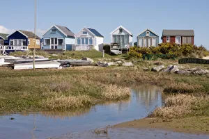 Dorset Drucke: Strandhütten auf der Mundefordspitz oder Sandbank im Christchurch-Harbour in Dorset