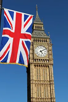 Drucke von Großes Glockenspiel mit Unionflagge in Westminster ein Weltkulturerbe der UNESCO zu London im Vereinigten Königreich in Europa Big Ben Drucke: Großes Glockenspiel mit Unionflagge in Westminster, Weltkulturerbe der UNESCO zu London