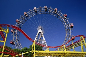 Austria Travel Guide Drucke: Big wheel with roller coaster, Prater, Vienna, Austria, Europe