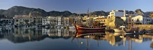 Europe Coastal Views Drucke: The boat filled harbour and mountains with mirror reflection, Kyrenia (Girne)
