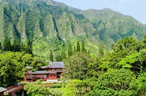 Drucke von Buddha-Tempel Byodo In , Tal der Tempel Vallei des Tempels Kanaohe Oahu Hawaii Vereinigte Staaten von Amerika Pazifik Hawaii Drucke: Bodoin-Schrein-Tempel im Tal der Tempel in Kaneohe auf der Insel Oahu in den Vereinigten Staaten von Amerika