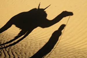 North African Dunes Drucke: Camel drivers shadow in the Sahara desert, near Douz, Kebili, Tunisia, North Africa