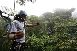 Costa Rica Tourism Drucke: Canopy cable ride at Monteverde cloud forest, Costa Rica, Central America