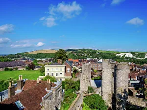 European Fortifications History Drucke: Castle Gate (Barbican), elevated view, Lewes, East Sussex, England, United Kingdom, Europe
