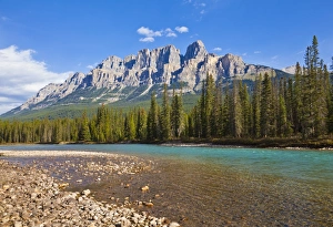 Banff National Park Tourism Drucke: Castle Mountain behind the Bow river at Castle Junction