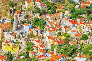 Dodecanese Islands Tourism Drucke: Chorio (upper town), high angle view, Chorio, Symi Island, Dodecanese Islands, Greece
