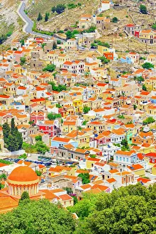 Dodecanese Islands Tourism Drucke: Chorio (upper town), high angle view, Chorio, Symi Island, Dodecanese Islands, Greece