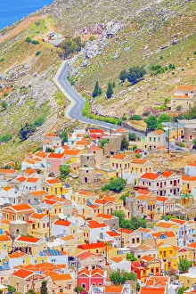 Dodecanese Islands Landscape Drucke: Chorio (upper town), high angle view, Chorio, Symi Island, Dodecanese Islands, Greece