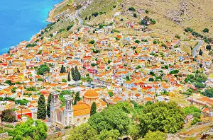 Dodecanese Island Hopping Drucke: Chorio (upper town), high angle view, Chorio, Symi Island, Dodecanese Islands, Greece