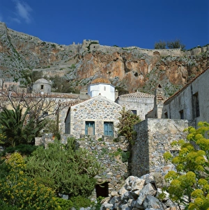 Europe Landmarks Drucke: A church with cliffs behind at Monemvasia