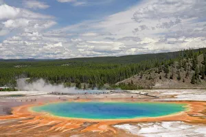 Drucke von Reisende am Strand des Grand Prismatic Springs im Mittelgeysersbecken in dem Yellowstone-Nationalpark ein UNESCO-Welterbestätte ist USA Kulturerbestätten Drucke: D2x070611242