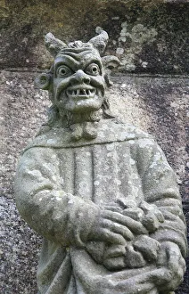 Der Teufel auf dem Calvarie von Plougonven in Plougonven im Département Finistère der Region Bretagne Frankreich Europa