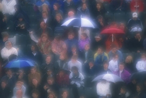 London Rain Drucke: Diffuser filter used on shot of Wimbledon crowd in the rain, London, England