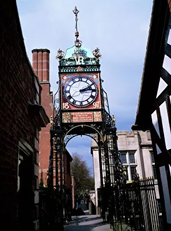 Cheshire Drucke: Ostturm-Uhr in Chester bei Cheshire im Vereinigten Königreich (Großbritannien) in Europa