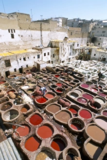 Moroccan Leather Industry Drucke: Elevated view over vats of dye