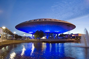 Water Reflections Photography Drucke: Evoluon built in 1996, exhibit on science and technology, by L. L. C. de Bever and L