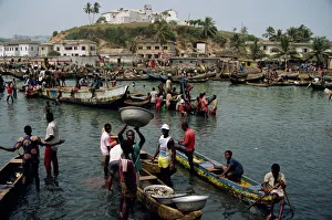 Traditional Fishing Methods Drucke: Fishermen bringing catch ashore, Elmina, Ghana, West Africa, Africa