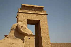 Egyptian Architecture History Drucke: Gate to the Temple of Khonsu, Ram-Headed Sphinx in foreground