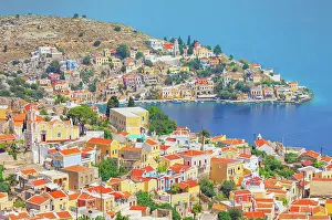 Greek Island Architecture Drucke: Gialos harbour, high angle view, Symi Island, Dodecanese Islands, Greece
