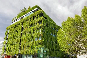 Sustainable Building Design Drucke: Green Facade, Calwer Passage, trees, Stuttgart, Baden-Wurttemberg state, Germany, Europe