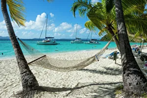 Drucke von Rastkorb hängt am berühmten White Bay auf der Insel Jost Van Dyke in den Britischen Jungferninseln im karibischen Meer Britische Jungferninseln Drucke: Hammock hängt an berühmter Weißer Bay, Jost Van Dyke, Britische Jungferninseln, Karibik