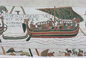 Harald lenkt Schiff über den Kanal, Szene aus dem Bayeux-Tapettensaal in der Stadt Bayeux