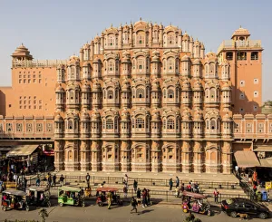 Schloss Drucke: Der Hawa Mahal in Jaipur im indischen Bundesstaat Rajasthan in Asien