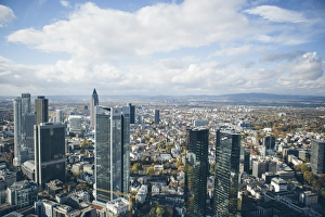 Elevated Views Of Cities Drucke: High angle view of financial centre, Frankfurt-am-Main, Hesse, Germany, Europe