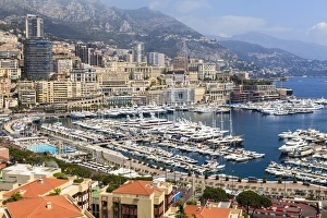 Traditional European Landmarks Drucke: High angle view of Monaco and harbour, Monaco, Mediterranean, Europe