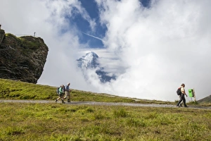 Swiss Mountains Landscape Drucke: Hikers on the way to Mount Eiger, First Grindelwald, Bernese Oberland, Canton of Berne