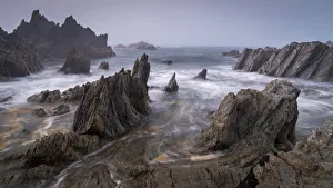 Coastal Erosion UK Drucke: Jagged ledges on the dramatic north Devon coast, Devon, England, United Kingdom, Europe