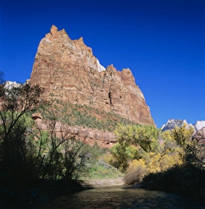 Sandstone Cliff Formation Drucke: Jagged sandstone cliffs above the Virgin River