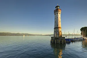Bavarian Lakeside Scenery Drucke: Lighthouse at sunset, Lake Constance, Bavaria, Swabia, Germany, Europe