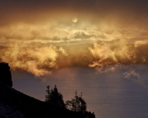 Silhouette Of Trees At Sunset Drucke: Low clouds glowing orange at sunrise
