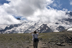 Washington State Tourism Drucke: Man looking at Mount Rainier from trail, Mount Rainier National Park, Washington State