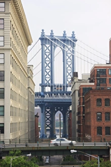 Manhattenbrücke im Viertel DUMBO in dem Stadtteil Brooklyn von der Stadt New York im Bundesstaat New York in den Vereinigten Staaten von Amerika