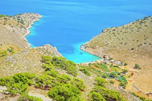 Drucke von Marathounta Strand, Hochwinkelansicht, Panormitis, Symi-Insel, Dodekanes-Inseln, Griechenland Luftaufnahme Drucke: Marathounta Strand, Hochwinkelansicht
