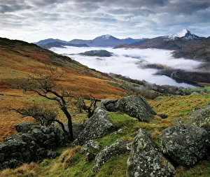 Drucke von Fog über den Llyn Gwynant und die Berge von Snowdonien im Schutzgebiet für das Naturschutzbüro der Schweiz in Conwy bei Cardiff in Großbritannien Verwandte Bilder Drucke: Fog über den Llyn Gwynant und die Schneefelder der Berge von Snowdonia im nationalen Naturpark Snowdonia