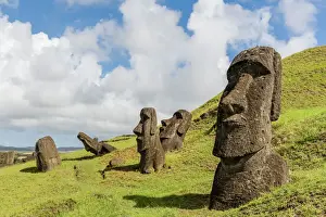 Drucke von Moai-Skulpturen in verschiedenen Stadien der Fertigstellung auf Rano Raraku, dem Steinbruch für alle Moai auf der Osterinsel, Nationalpark Rapa Nui, UNESCO-Welterbe, Osterinsel (Isla de Pascua) Südamerikanische Kunstdrucke: Moai-Skulpturen in verschiedenen Stadien der Fertigstellung auf Rano Raraku